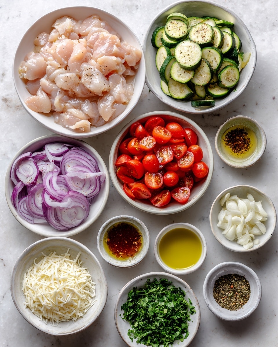 A top-down view of ingredients neatly arranged on a white marbled surface, featuring 12 white bowls of various sizes. Starting from the top left is a bowl filled with pale pink chicken pieces, slightly glossy with a smooth texture. To the right, a bowl of green zucchini slices with shiny dark green skin and pale green flesh. Below the chicken, a bowl full of bright red cherry tomatoes, halved, showing their juicy interior. Next to the tomatoes, thinly sliced red onions with a translucent purple color in a bowl. Small white bowls hold minced garlic, golden olive oil, and dry spices: dried oregano, dried basil, smoked paprika, salt, black pepper, and red pepper flakes. At the bottom left is a bowl of white shredded mozzarella cheese, next to it a bowl with finely grated Parmesan cheese, white with a powdery texture, and a bowl with chopped fresh parsley, bright green and leafy. All items are well lit with soft natural light highlighting the freshness of the ingredients. Photo taken with an iphone --ar 4:5 --v 7
