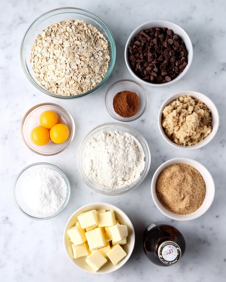 The image shows nine small bowls of baking ingredients arranged on a white marbled surface. Starting from the top left, there is a clear glass bowl filled with light beige rolled oats, next to it is a very small clear bowl with a mix of cinnamon and another brown spice. To the right is a white bowl filled with dark brown chocolate chips. Below the spices is a small white bowl with two raw yellow eggs, to the right of that is a clear glass bowl filled with light brown smoothly packed brown sugar. Below the eggs is a clear glass bowl filled with white flour, and to its left is a white bowl with white granulated sugar in it. Below and to the left is a white bowl containing yellow butter cubes. To the right of the flour bowl lies a small dark glass bottle with a light colored label that reads