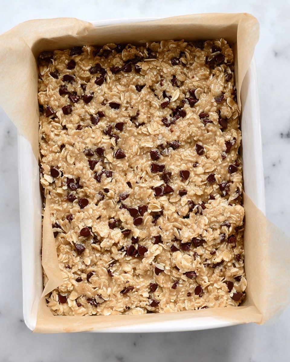 The image shows a white baking pan lined with parchment paper, filled with an even layer of light beige oat and chocolate chip mixture. The mixture appears slightly thick and chunky, with visible oats and many small, dark brown chocolate chips spread throughout the entire surface. The pan rests on a white marbled surface, and the edges of the parchment paper curl slightly over the sides of the pan. Photo taken with an iphone --ar 4:5 --v 7