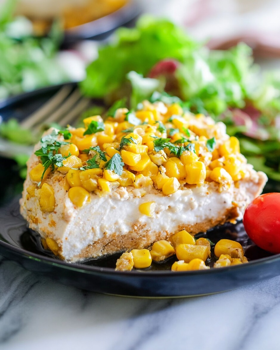 A close-up of a dish with three layers: the bottom layer is a thick, white, cooked piece of chicken with a soft texture; the middle layer is a creamy white sauce spread evenly over the chicken; the top layer is a mix of bright yellow corn kernels and small bits of fresh green cilantro scattered on top, with some corn slightly spilling over the edges. The dish is served on a black plate placed on a white marbled surface, with a fresh green salad and a red cherry tomato visible on the side. Photo taken with an iphone --ar 4:5 --v 7