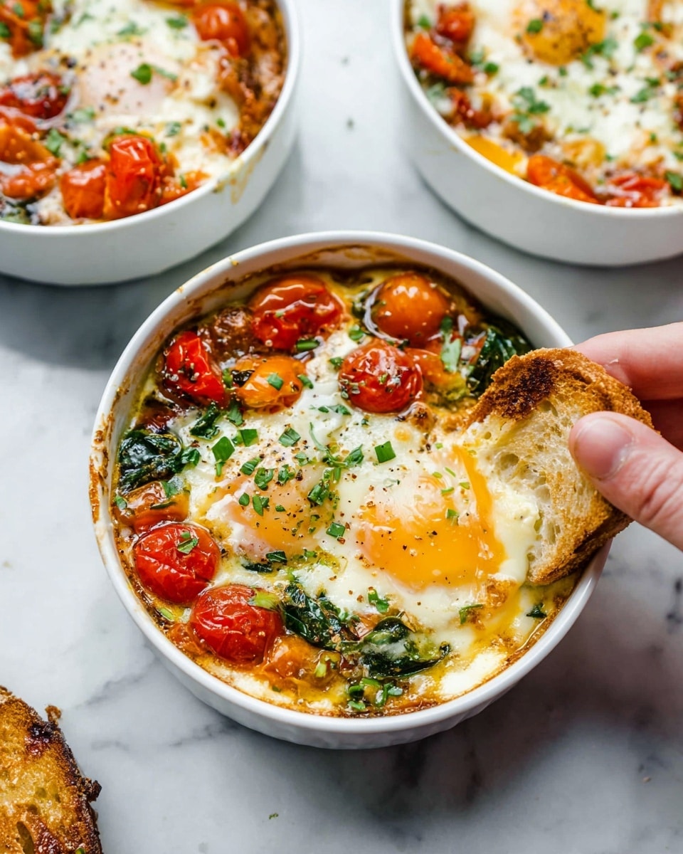 The image shows three white round baking dishes filled with baked eggs and vegetables placed on a white marbled surface. Each dish has a mix of vibrant layers including bright red cherry tomatoes, orange bell peppers, green spinach leaves, and chopped green onions. The eggs are baked with soft, runny yolks and white, slightly browned edges spreading through the vegetables. One dish in the bottom foreground has a woman's hand holding a piece of bread dipping into the creamy egg and vegetable mix. The textures are varied with smooth eggs, soft cooked veggies, and the rough crust of the dipped bread visible. The colors are rich and warm, with a fresh look created by green herbs sprinkled on top photo taken with an iphone --ar 4:5 --v 7