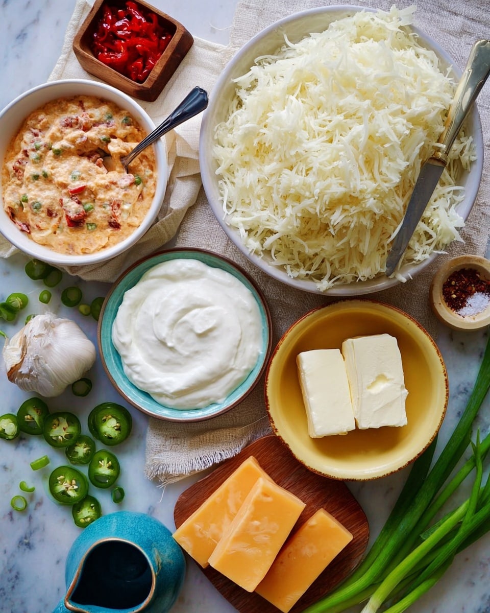 The image shows a group of bowls and ingredients on a white marbled surface with a light textured cloth underneath. The center has a white bowl filled with a big pile of shredded white potatoes. To the left, there is a white bowl with orange creamy dip mixed with green and red small bits and a spoon inside. Below it, a yellow bowl holds a thick white cream layer. Near the bottom center, a light blue bowl has three pieces of white butter with a knife resting on the edge. On the right, two orange blocks of cheese sit on the surface. Above the potatoes, a small silver bowl contains bright red chopped peppers. Next to the bowls, there are sliced green jalapeños and green onions scattered around. On the left, a wooden square dish holds salt and pepper, and a whole garlic bulb rests near it. There is also a small blue pitcher with light green liquid near the bottom left. photo taken with an iphone --ar 4:5 --v 7
