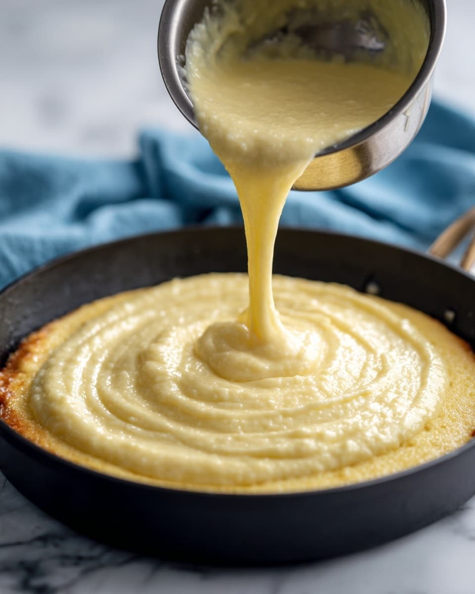 A close-up view of thick, pale yellow batter being poured from a small stainless steel bowl onto a black non-stick pan. The batter flows smoothly in a round shape, creating a thick layer in the center of the pan. The background shows a white marbled surface with a blurred blue cloth. The image has a soft light that highlights the creamy texture of the batter. Photo taken with an iphone --ar 4:5 --v 7
