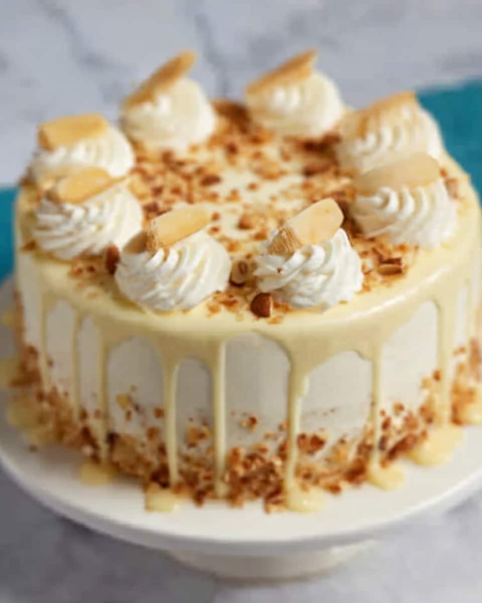 A round cake with three layers covered in smooth white cream sits on a white plate. The sides have a light drizzle of pale yellow sauce that slightly runs down. On top, there are several white cream swirls evenly placed around the edge, each topped with a small piece of a light-colored nut. The center is decorated with small crunchy nut pieces and thin nut flakes, giving a textured look. The cake is set on a white marbled surface. photo taken with an iphone --ar 4:5 --v 7