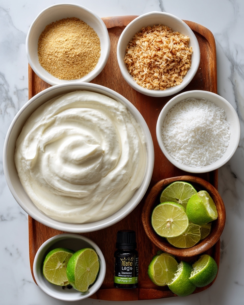 The image shows a top view of several white bowls and a wooden tray on a white marbled surface. At the center is a large white bowl filled with smooth, white Greek yogurt. Around it, five smaller white bowls hold different ingredients: one with tan protein powder, one with golden crushed graham crackers, one with brown toasted coconut, one with fine white powdered sweetener, and one with bright green limes marked as lime juice. To the lower right is a wooden tray with a zero-waste zester holding fresh lime zest. A small dark glass bottle labeled vanilla extract lies next to the toasted coconut bowl. The colors vary from creamy white, light brown, and tan to bright green, showing a fresh and natural ingredient setup. The photo taken with an iphone --ar 4:5 --v 7
