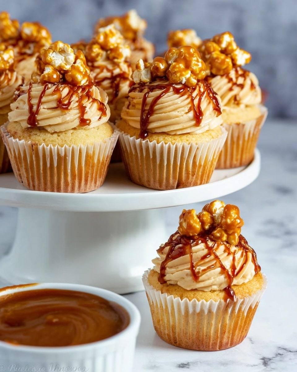 A cupcake with two main layers is shown, the bottom layer is a light brown, moist cake with a slightly crumbly texture, and the cupcake liner peeled downwards revealing the inside clearly. On top is a generous swirl of light tan frosting with fine ridges from piping, topped with yellow caramel popcorn drizzled with shiny dark caramel sauce flowing down the frosting sides. Another cupcake is softly blurred in the background next to a white bowl tipped over spilling caramel popcorn on a white marbled surface. Photo taken with an iphone --ar 4:5 --v 7