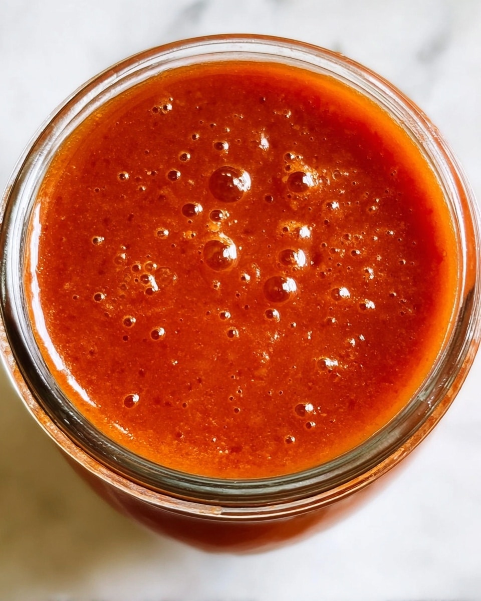 A close-up view of a single layer of bright orange-red sauce inside a clear glass jar, with small bubbles scattered across the smooth, glossy surface. The jar sits on a white marbled texture background, showing the shiny and thick texture of the sauce inside. photo taken with an iphone --ar 4:5 --v 7
