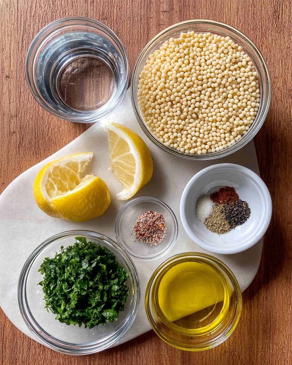 Six clear glass bowls sit on a white marbled surface in a slightly scattered arrangement. The largest bowl is filled with small, round couscous pearls that are light beige. To the top left, a medium bowl contains clear water, showing reflections on its smooth surface. Next to it, on the right, a small white bowl holds a half slice of lemon with bright yellow skin and juicy, textured flesh. Below it is a small glass bowl with chopped green herbs that look fresh and leafy. Near the herbs, another small glass bowl contains a mix of light pink, black, and yellow spices. Finally, a tiny glass bowl at the bottom right has golden olive oil with a smooth, shiny surface. Everything is crisp and clear in natural light. Photo taken with an iphone --ar 4:5 --v 7