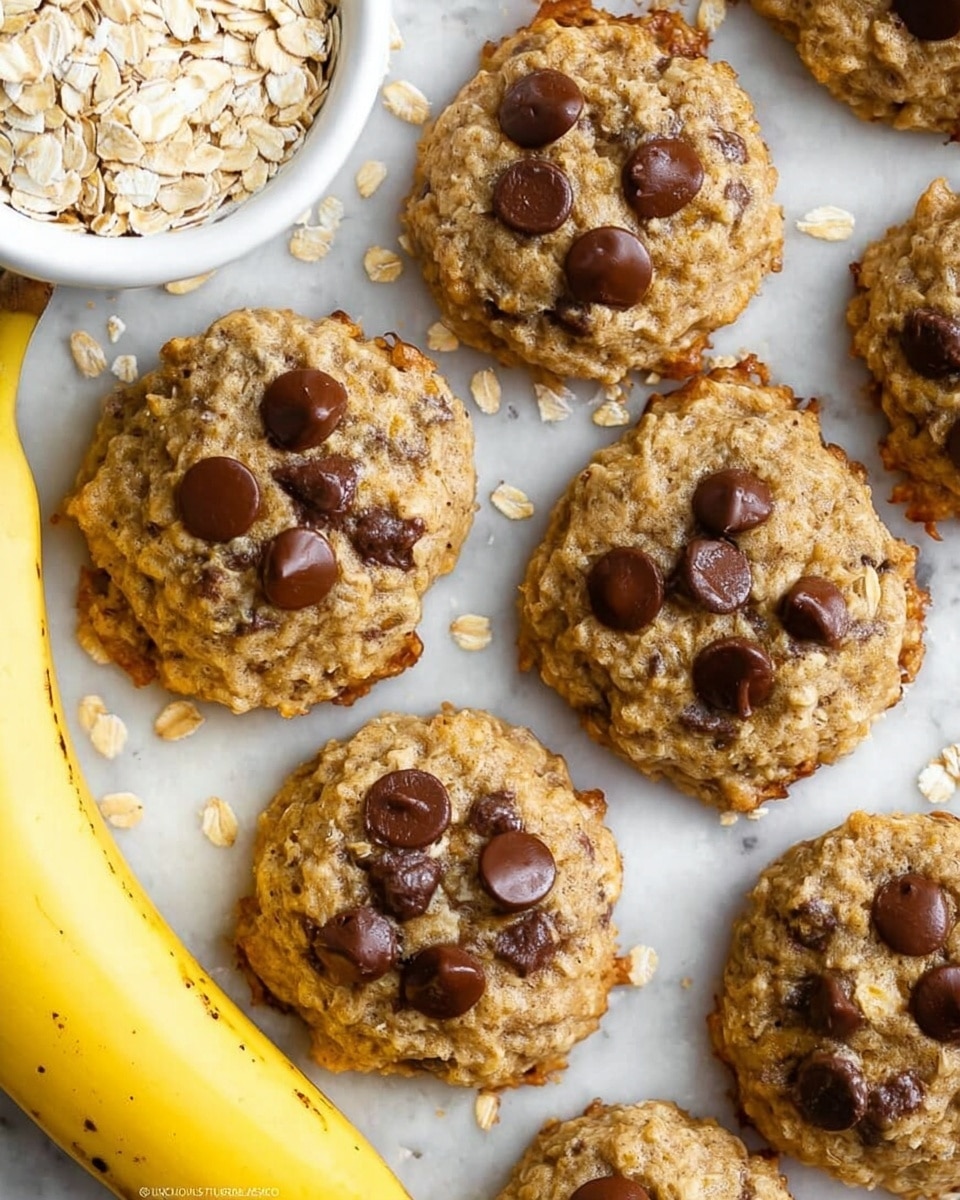 The image shows several round oatmeal chocolate chip cookies scattered on a white marbled surface. Each cookie is light golden brown with a rough texture from the oats, topped with dark brown chocolate chips that are slightly melted, and some oats sprinkled on top and around. Near the top, a white bowl filled with rolled oats is partially visible. At the bottom left corner, there is a ripe yellow banana with small brown spots. The photo taken with an iphone --ar 4:5 --v 7