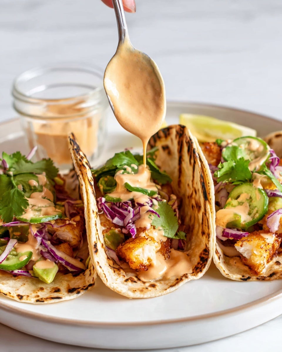 Three grilled tacos are placed side by side on a white plate with a white marbled surface beneath. Each taco has a soft grilled tortilla shell showing light char marks as the first layer. Inside the shells, chunks of fried golden brown fish are nestled at the bottom. Thin slices of green cucumber and purple onions are layered on top of the fish, along with fresh green cilantro leaves. A creamy beige sauce is being drizzled from a spoon held by a woman's hand over the middle taco, with some additional sauce in a clear glass cup in the background. photo taken with an iphone --ar 4:5 --v 7