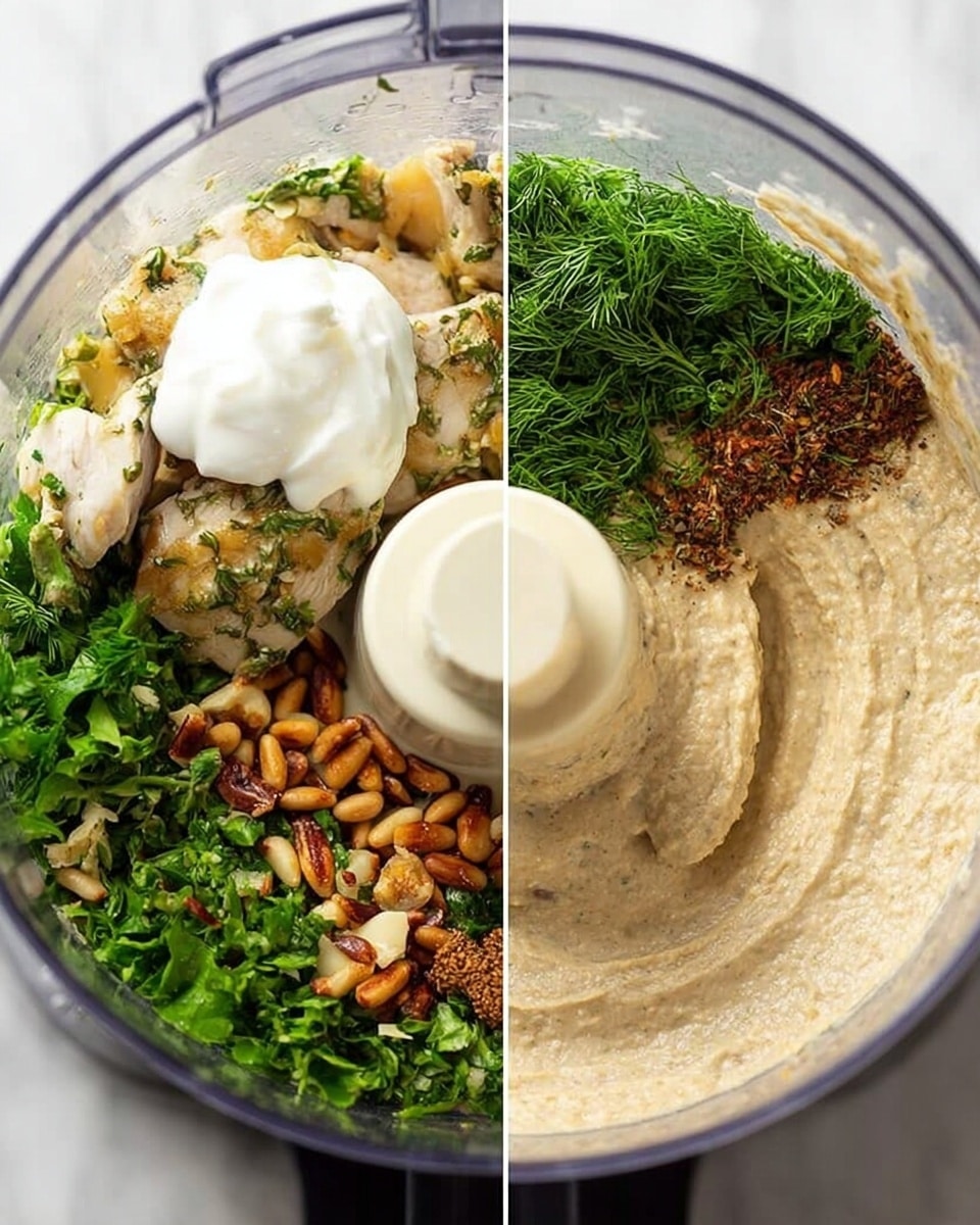 The image shows two side-by-side views inside a clear food processor bowl. The left side displays ingredients before mixing, arranged in layers: a base of light beige cooked chicken pieces, scattered brown toasted pine nuts, bright green fresh herbs like parsley and dill, and a dollop of creamy white yogurt on the top left. These ingredients have varied textures from smooth yogurt to leafy herbs and firm chicken. The right side shows the blended result, a light beige creamy mixture with a slightly grainy texture filling the bowl almost halfway, smoothly mixed around the food processor blade. The background has a white marbled texture. photo taken with an iphone --ar 4:5 --v 7