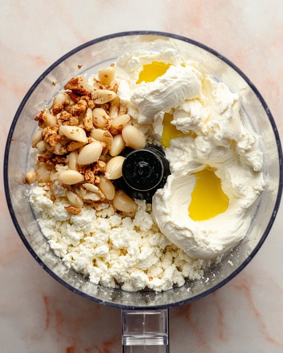 Inside a clear food processor bowl, there are three main layers visible: at the bottom, finely crumbled white cheese spreads evenly across the base, on the left side above it, a small pile of whole roasted garlic cloves shows a light brown and beige color with a smooth texture, and on the right side, thick dollops of white creamy yogurt with two small puddles of golden yellow olive oil resting on top. The food processor is placed on a white marbled surface. Photo taken with an iphone --ar 4:5 --v 7