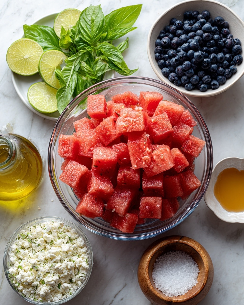 A clear glass bowl filled with bright red diced watermelon cubes sits at the center on a white marbled surface. To the left, there is a white plate holding two lime halves, fresh green basil leaves, and mint sprigs. Below the plate is a small plastic container with crumbly white feta cheese. To the right, a small white bowl is filled with dark blue blueberries. Above the blueberries, a tiny white dish contains golden honey. Next to the watermelon bowl on the right, there is a round wooden container with coarse white salt and its lid leaning on the side. At the far left, a clear glass bottle filled with golden olive oil completes the scene. photo taken with an iphone --ar 4:5 --v 7