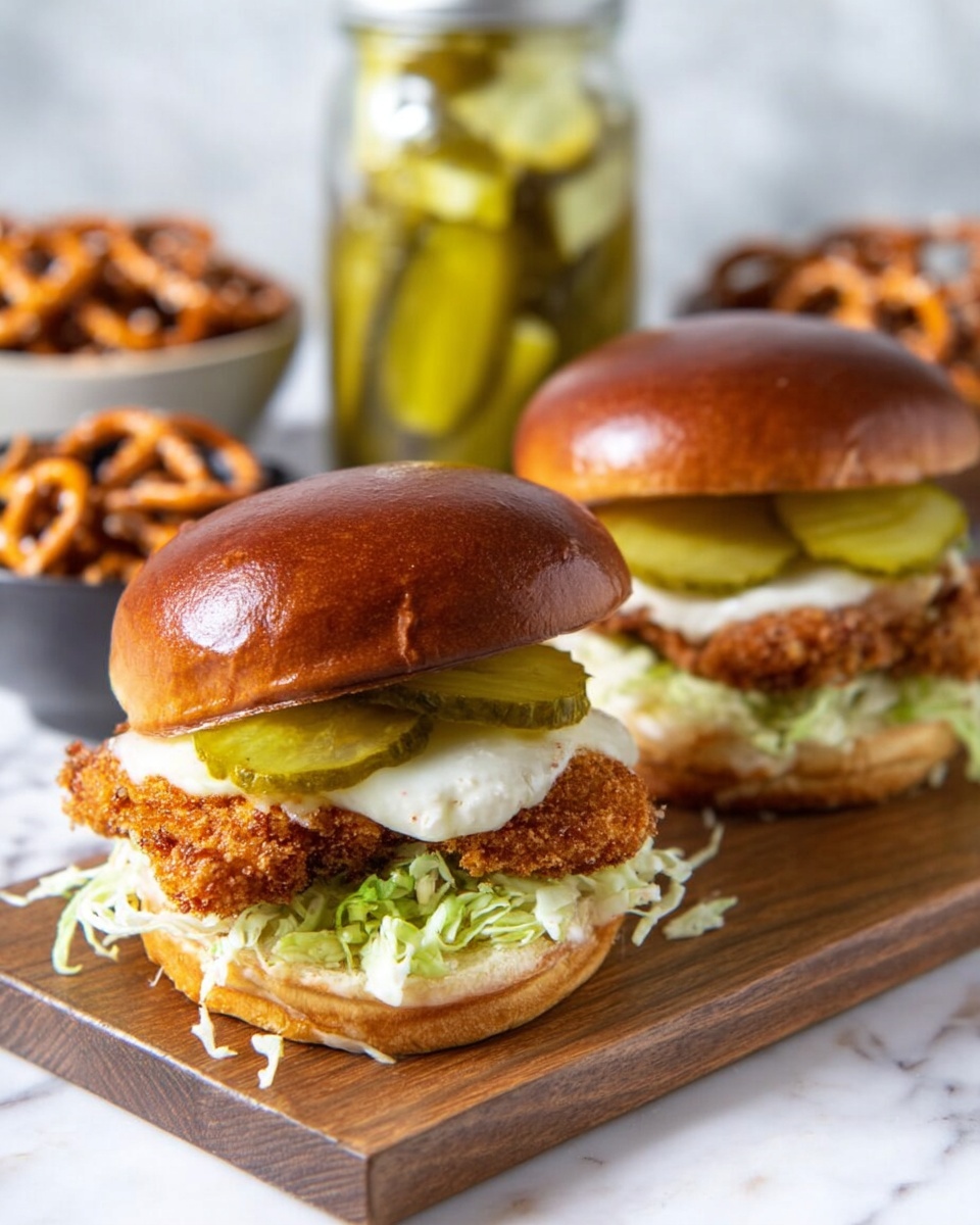 A sandwich is shown on a wooden board with a white marbled surface in the background. The sandwich has three main layers inside a soft, shiny, light brown top and bottom bun. The bottom bun holds a layer of thin, shredded pale green lettuce. On top of the lettuce, there is a thick, crispy, golden-brown fried patty with a rough texture. Above the patty, there are several green pickle slices, slightly shiny. White creamy sauce with visible herb specks is spread on top of the pickles and is also peeking out from under the patty. The sandwich looks fresh and ready to eat, with some lettuce and pickles scattered around. Photo taken with an iphone --ar 4:5 --v 7