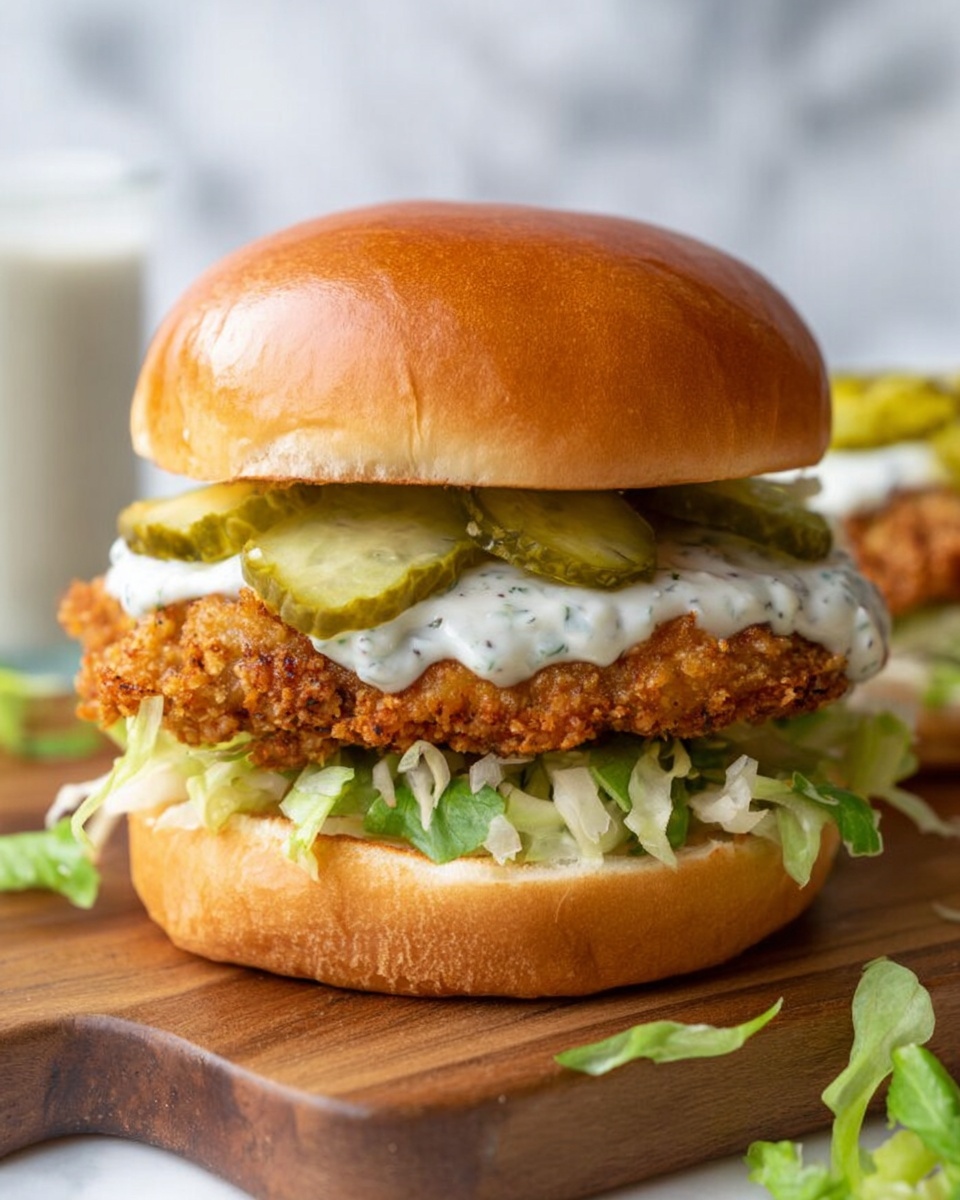 Two sandwiches sit side by side on a wooden board placed on a white marbled surface. Each sandwich has a shiny brown bun on top, a layer of white sauce directly under the top bun, green pickle slices below the sauce, and a crispy brown breaded patty underneath the pickles. The bottom layer of the sandwich shows shredded pale green lettuce resting on the bottom bun. In the background, a clear jar filled with green pickles and a bowl full of small twisted pretzels can be seen. Photo taken with an iphone --ar 4:5 --v 7