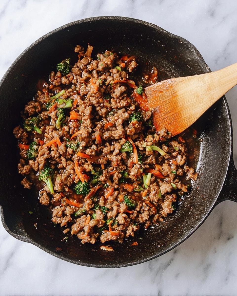 A black cast iron pan is filled with cooked ground meat mixed with small broccoli florets and thin orange carrot strips, all coated in a glossy, dark brown sauce. A wooden spatula is partially submerged in the mix, resting on the side of the pan. The scene is set on a white marbled surface. Photo taken with an iphone --ar 4:5 --v 7