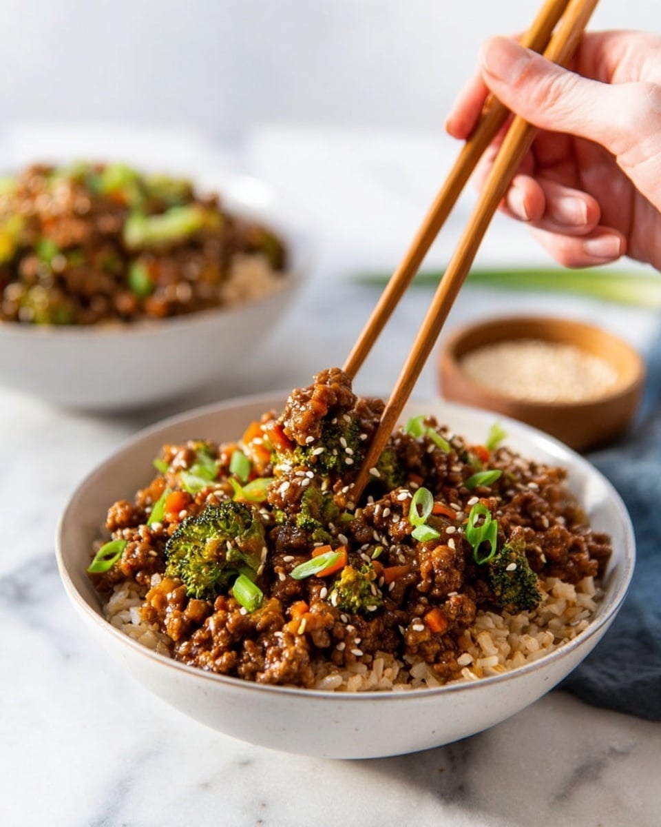 A white bowl filled with a first layer of fluffy brown rice, topped with a second layer of cooked ground meat mixed with small green broccoli pieces, shredded orange carrots, and chopped green onions, all coated in a dark brown sauce and sprinkled with white sesame seeds. A woman's hand is holding wooden chopsticks picking up some of the meat and vegetables from the bowl. In the blurred background, there is a second white bowl with the same dish and a small wooden bowl with sesame seeds, all set on a white marbled surface photo taken with an iphone --ar 4:5 --v 7