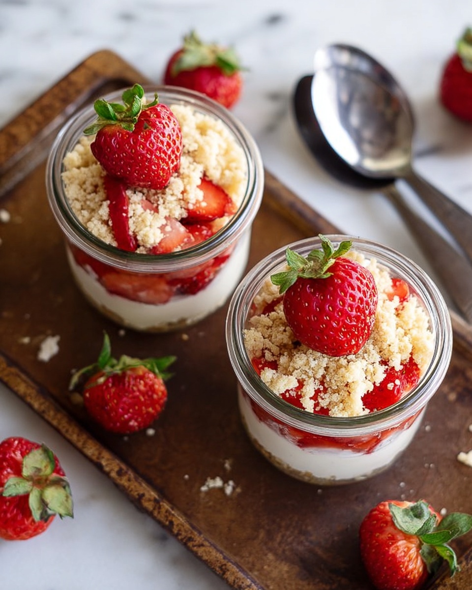 Two clear glass jars sit on a rustic brown tray over a white marbled surface. Each jar has three visible layers: the bottom layer is white cream, the middle layer is bright red sliced strawberries, and the top layer is light beige crumble with a crumbly texture. On top of each jar is one whole bright red strawberry with its green leaves still attached. Around the jars, whole strawberries with green leaves are scattered on the tray and surface. To the right on the white marbled surface, there are two shiny metal spoons. Photo taken with an iphone --ar 4:5 --v 7