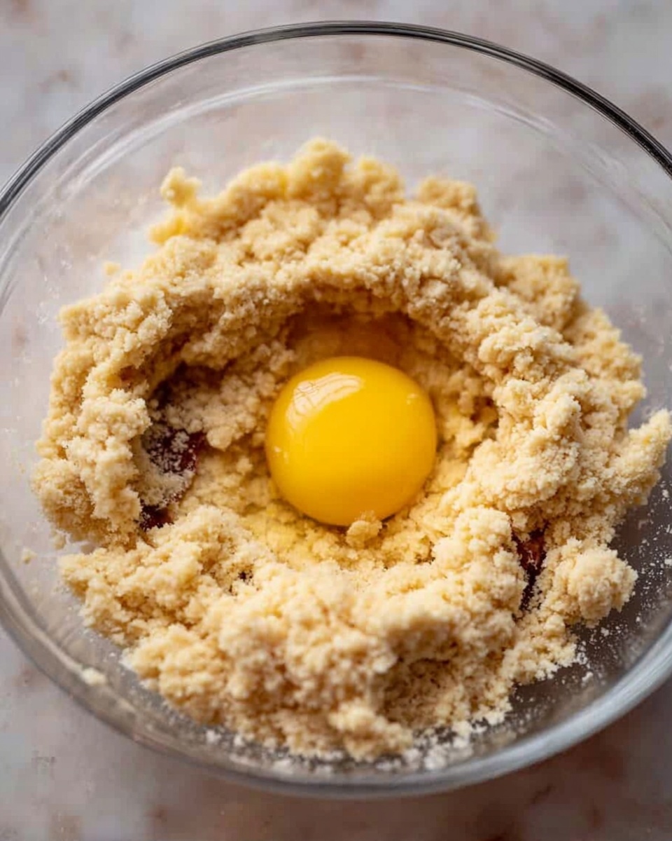 A clear glass bowl sits on a white marbled surface, filled with a mixture of light beige, crumbly dough that has a soft, slightly rough texture. On top of this mixture in the center is a raw egg yolk with a smooth, bright yellow surface surrounded by translucent egg white. The dough forms an uneven ring around the yolk, showing rough clumps and small gaps. Photo taken with an iphone --ar 4:5 --v 7