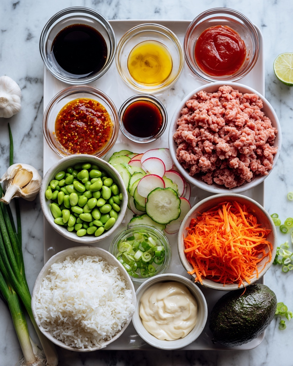A white tray with light pink ground turkey placed in the top right. Below it is a row of small clear glass bowls containing different sauces and ingredients: dark soy sauce, amber sesame oil, a light yellow honey, orange sweet chili sauce, and deep red sriracha. There is a bowl with bright green edamame and another with steamed white rice. A bowl near the bottom center has creamy white mayo. To the right, a white bowl holds sliced red radishes, thinly shredded orange carrots, and sliced light green cucumbers. A dark green whole avocado lies near the bottom. A few cloves of garlic and fresh green scallions are scattered nearby. The background is a white marbled texture. Photo taken with an iphone --ar 4:5 --v 7