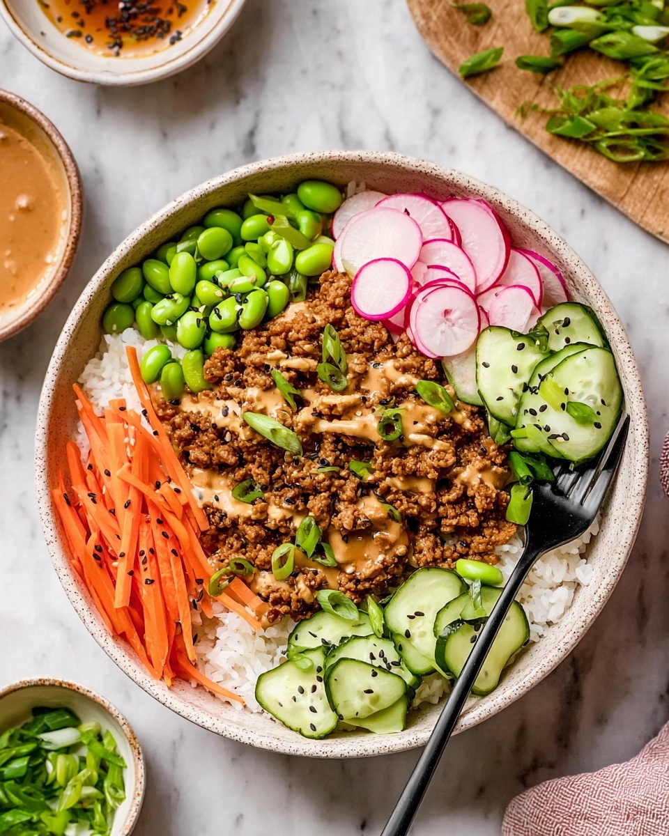 The image shows a white bowl filled with layers of food arranged neatly. The bottom layer is white rice, topped with a layer of cooked minced meat covered in light brown sauce. Around the meat, there are thin carrot sticks in bright orange, cucumber slices in pale green with sesame seeds, bright green edamame beans, and thin slices of red and white radishes. The dish is garnished with green onion slices scattered on top. A black fork is placed on the side of the bowl. The bowl sits on a white marbled surface with some small dishes of green onions and sauce nearby. photo taken with an iphone --ar 4:5 --v 7