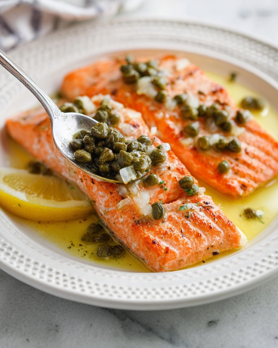 Two thick orange salmon fillets with light grill marks sit on a white plate with a dotted edge, placed on a white marbled surface. The salmon is topped with green capers and small white chopped pieces, soaked in glossy light-yellow oil sauce. A silver spoon holding some capers and chopped pieces is close to the salmon, poised for serving. A wedge of yellow lemon peeks out from the bottom left corner under the salmon. photo taken with an iphone --ar 4:5 --v 7