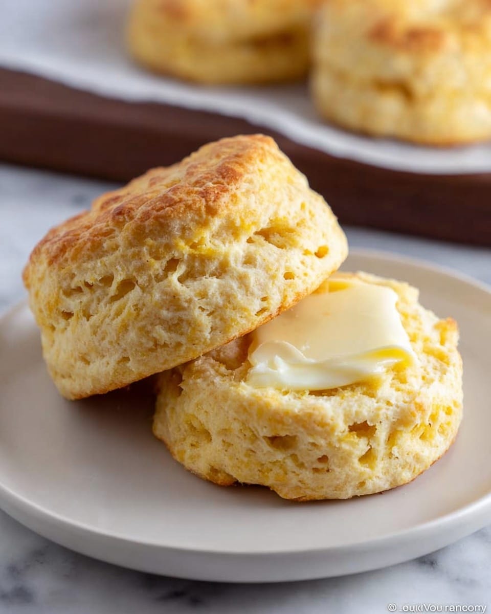The image shows two golden-yellow biscuits on a plain white plate with a pat of melting butter on the bottom biscuit. The biscuits have a soft, crumbly texture with a slightly rough top and a fluffy inside visible. The plate is on a white marbled surface, and in the background, there are more biscuits on white parchment paper, slightly out of focus. The light is soft and natural, highlighting the warm color of the biscuits and the smooth butter. Photo taken with an iphone --ar 4:5 --v 7
