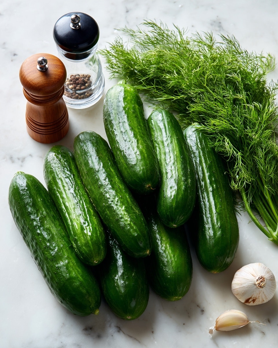 The image shows six cucumbers with dark green, smooth skin placed on a white marbled surface. To the right of the cucumbers, there is a bunch of bright green dill with thin, feathery leaves. Next to the dill lies a small white garlic bulb with a light brown stem end. Behind the cucumbers, there is a clear salt and pepper grinder with black tops and a small wooden container with a lid in a light brown wood tone. All ingredients are arranged loosely and clearly labeled with white text boxes on the image. Photo taken with an iphone --ar 4:5 --v 7