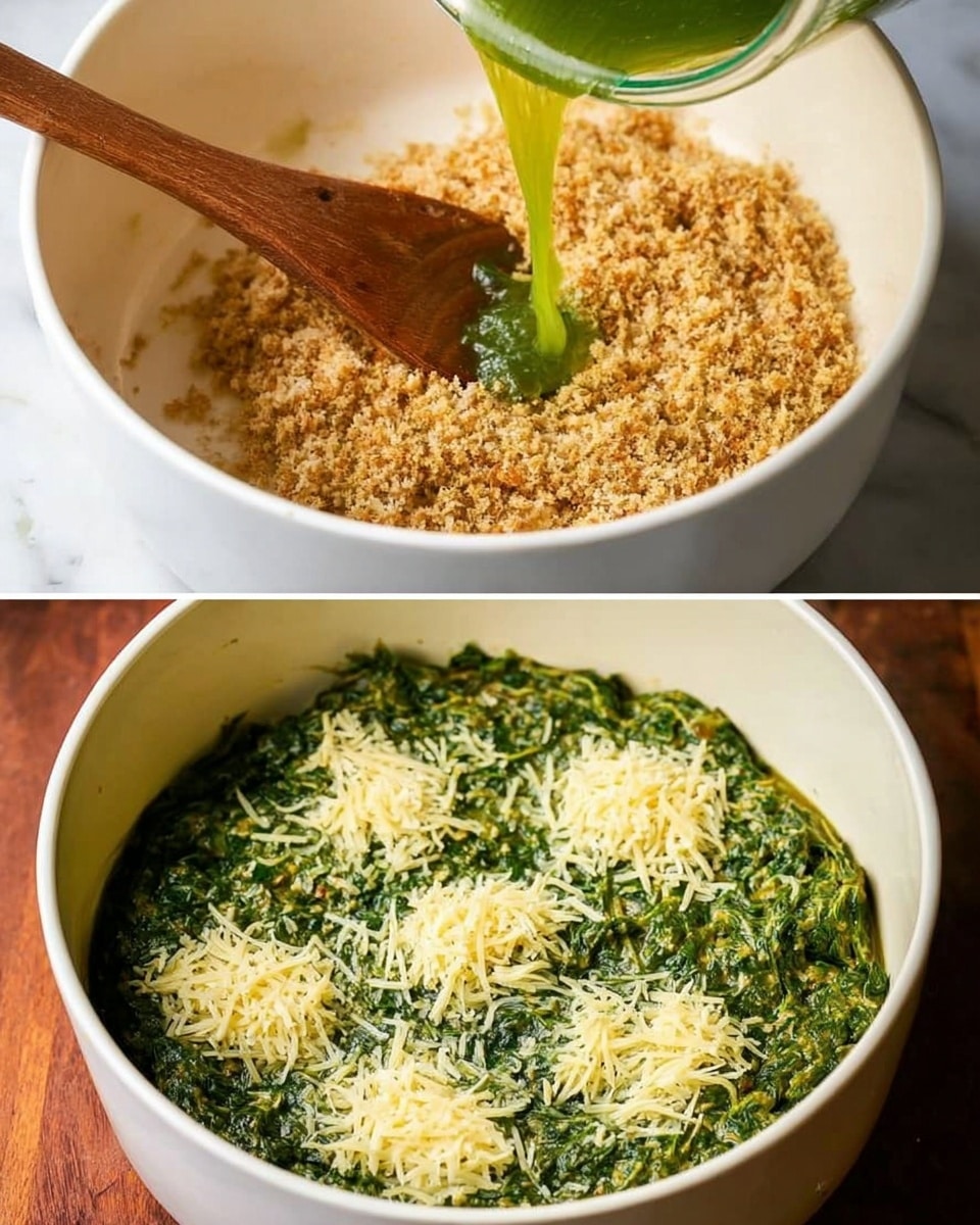 The image shows two stages of making a green spinach dish in a large white bowl on a white marbled surface. In the first part, a wooden spoon rests in the bowl, where light brown grated ingredients cover half of the bowl, and bright green liquid, pouring from a glass container on the right, fills the other half. In the second part, the bowl is filled with a thick, dark green spinach mixture topped with small mounds of pale yellow shredded cheese spread evenly across the surface. Photo taken with an iphone --ar 4:5 --v 7