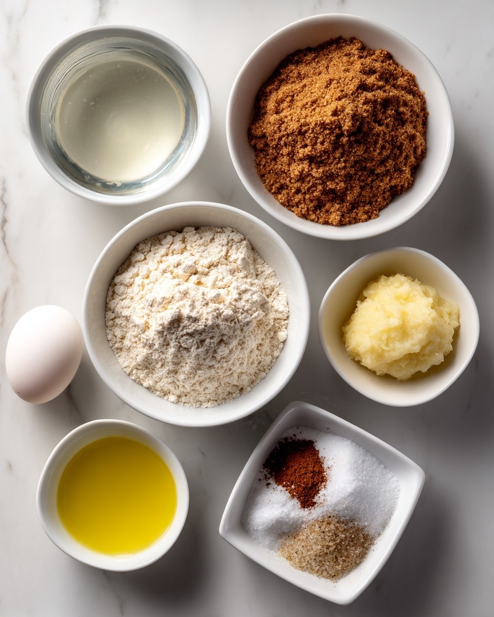 The image shows six white bowls and one white egg arranged on a white marbled surface. The top left bowl contains clear water, the top right bowl holds a mix of honey, light yellow applesauce, and vanilla with a smooth texture. Below, in the center-left bowl, there is oat flour with a powdery, off-white color. To the right, a square white bowl holds a mix of baking soda, baking powder, salt, and cinnamon, with small piles of white and brown powders. At the bottom left, a square white bowl contains avocado oil, a yellow liquid. Next to it, a single white egg is placed directly on the surface. photo taken with an iphone --ar 4:5 --v 7
