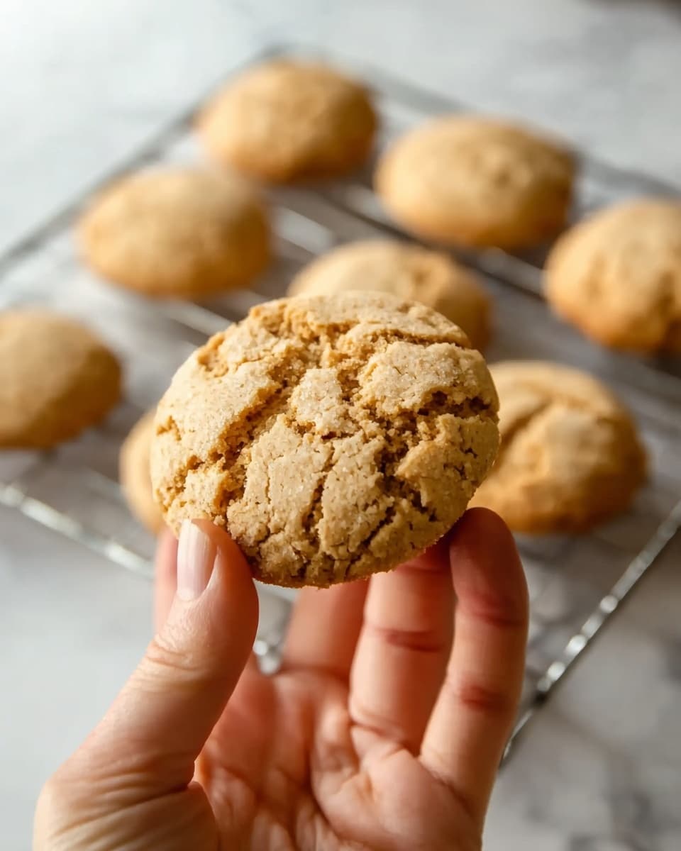 A close-up of a single round cookie held between the thumb and index finger of a woman's hand shows a rough, cracked surface with a light brown color and slightly crumbly texture. In the background, several other cookies with similar shape and color sit on a metal cooling rack. The scene is set on a white marbled surface with soft, natural lighting that highlights the cookie’s texture and the gentle curves of the woman's hand. photo taken with an iphone --ar 4:5 --v 7