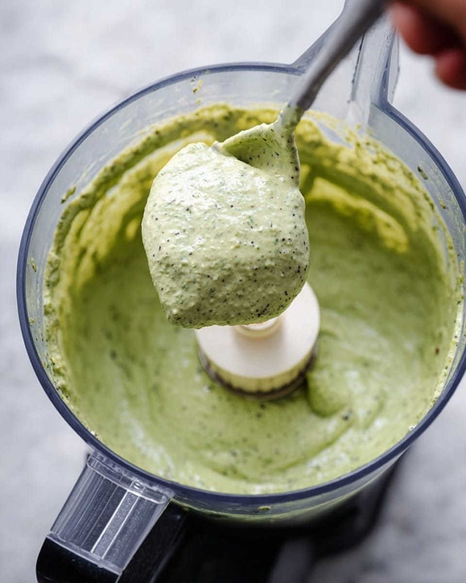 A close-up image of a blender bowl with light green creamy sauce inside, showing soft texture with small darker green and tiny black specks throughout. A spoon rests inside the bowl, scooping up a thick portion of the sauce, while a woman’s hand holds the handle of the spoon. The blender bowl is clear, and the scene is set on a white marbled surface. The sauce looks smooth but slightly thick, filling the bowl evenly around a white center piece of the blender blade. photo taken with an iphone --ar 4:5 --v 7
