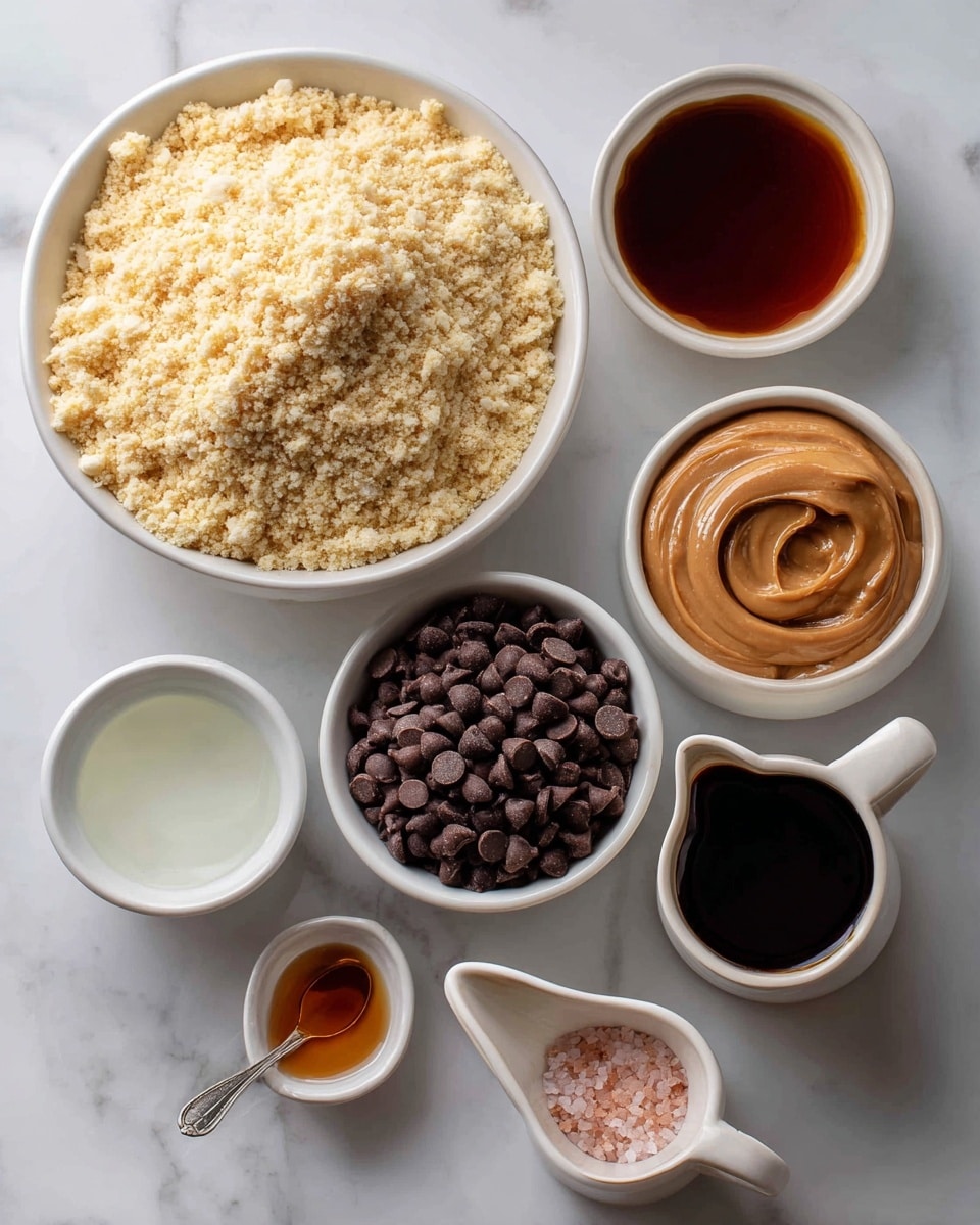 The image shows seven bowls and a spoon with different ingredients arranged on a white marbled surface. In the top left, there is a large white bowl filled with pale yellow almond flour with a crumbly texture. Next to it on the right, there is a smaller white bowl holding smooth, light brown cashew butter. Below the almond flour, a small white bowl contains clear coconut oil. Centered near the bottom, a medium white bowl holds a pile of dark brown chocolate chips, shiny and rounded. To the right, a small white spoon holds a pinch of pink salt. Further below, a small white pitcher is filled with dark amber maple syrup, smooth in texture, and next to it, on the right, a tiny white pitcher holds dark brown vanilla extract. The setup is neat and well spaced, all items placed on a clean white marbled surface, photo taken with an iphone --ar 4:5 --v 7
