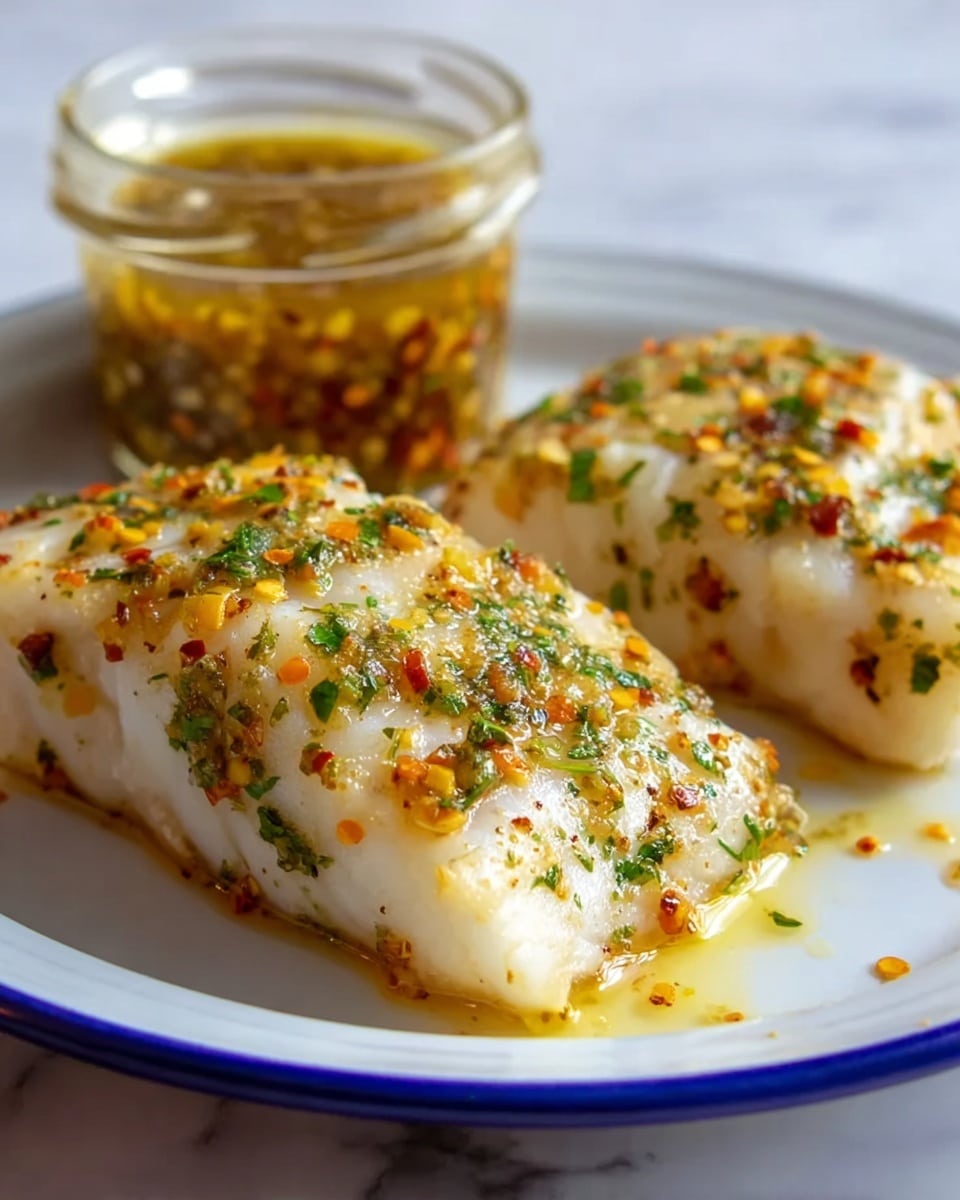 A white fish fillet with a slightly layered texture lies on a white speckled plate, covered in a shiny, light golden sauce with small bits of green herbs and orange zest scattered on top. The sauce pools gently around the base of the fish, adding a glossy finish. In the background, there are bright orange slices with visible juicy texture and a small white bowl of greenish sauce placed on a white marbled surface. Photo taken with an iphone --ar 4:5 --v 7