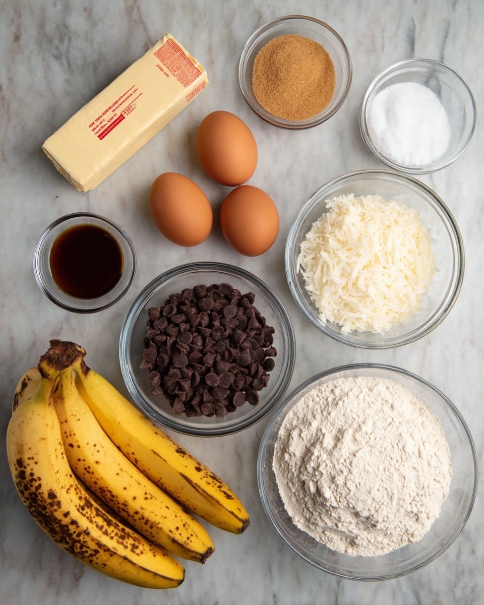 The image shows nine ingredients arranged neatly on a white marbled surface. At the bottom left, there are three ripe bananas with brown spots on their yellow skin. Above the bananas, a stick of butter with red text on the wrapper lies horizontally. To the right of the butter, two brown eggs sit side by side. Next to the eggs, slightly above, is a small bowl of light brown sugar. On the right side of the eggs is a medium clear bowl filled with dark chocolate chips. Above this, a small bowl contains a dark brown liquid, likely vanilla extract. To the upper right, a larger white bowl is filled with shredded white coconut. Below and to the right of that, a large clear bowl holds white flour with a rough texture. Finally, to the right of the chocolate chips, a small bowl of white granulated sugar completes the layout. The photo is taken with an iphone --ar 4:5 --v 7