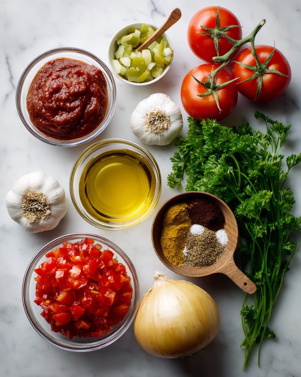 The image shows a flat lay of fresh cooking ingredients placed on a white marbled texture background. At the top right, there are three bright red tomatoes still on the vine. Next to them on the right, a bunch of vivid green parsley with leafy texture spreads out. Below the parsley, a large round yellow onion sits with its smooth outer skin visible. To the left of the onion, two whole garlic bulbs rest side by side with white papery skins. Above the garlic, a small clear glass bowl holds thick, deep red tomato paste. Next to that on the right, another small clear glass bowl contains dark and light spices mixed together, showing a speckled texture. Above this bowl, a small white bowl filled with golden olive oil is placed. To the left of the olive oil, a clear glass bowl contains chunks of fresh green pepper. Above the green pepper, there is a wooden bowl of coarse salt with a small wooden spoon sticking out. To the right side of the salt, a clear glass bowl holds bright red chopped pieces of red pepper. The whole setup is brightly lit, showing the fresh, rich colors and textures. photo taken with an iphone --ar 4:5 --v 7