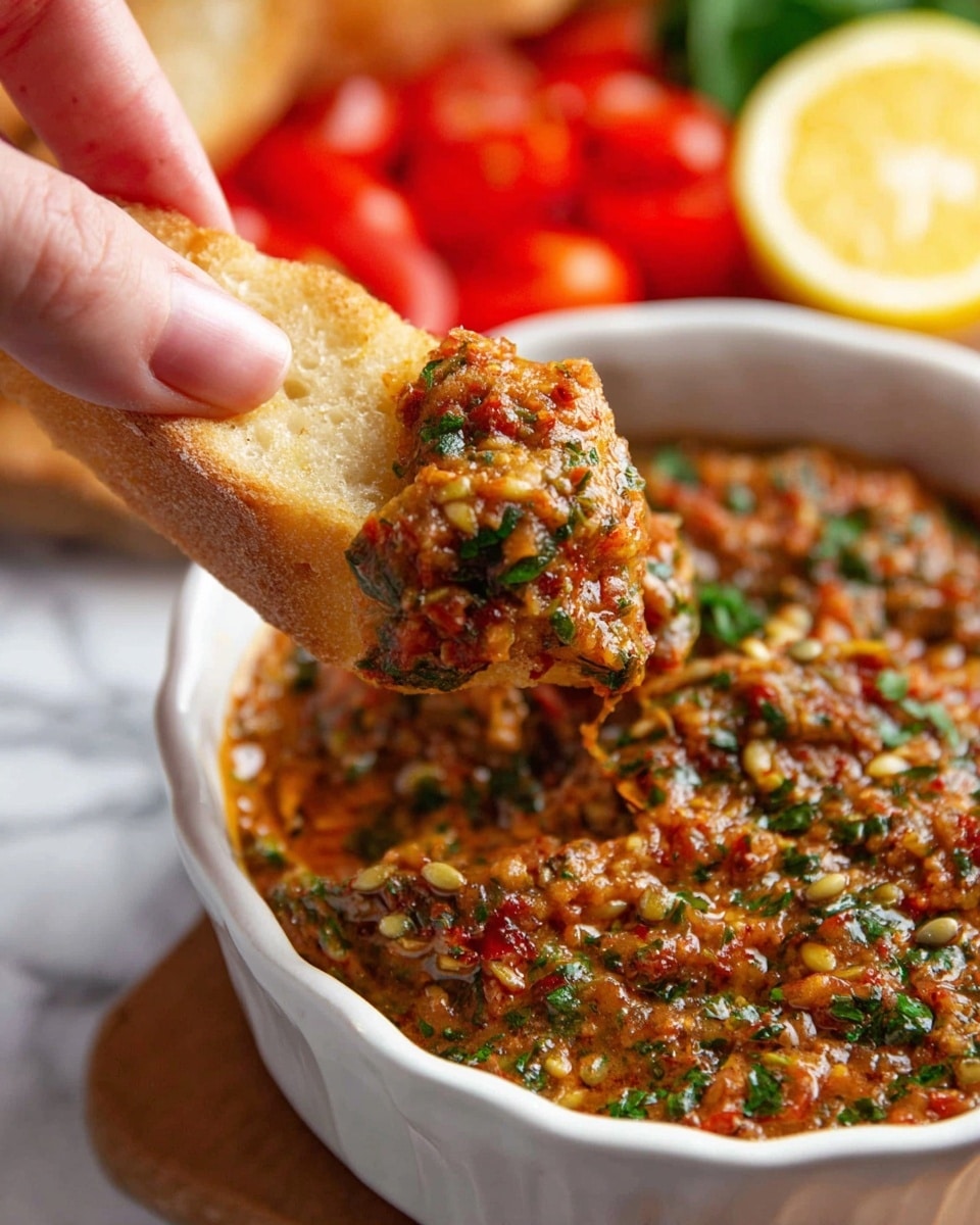 A close-up image of a woman's hand holding a piece of thick, light golden bread dipped into a bowl of chunky, reddish-brown dip with visible bits of green herbs and small seeds. The bowl is white and filled with the same chunky dip, showing a mix of finely chopped ingredients with a slightly oily texture. In the blurred background, there are vibrant red tomato halves and a yellow lemon wedge, all set on a white marbled surface. photo taken with an iphone --ar 4:5 --v 7