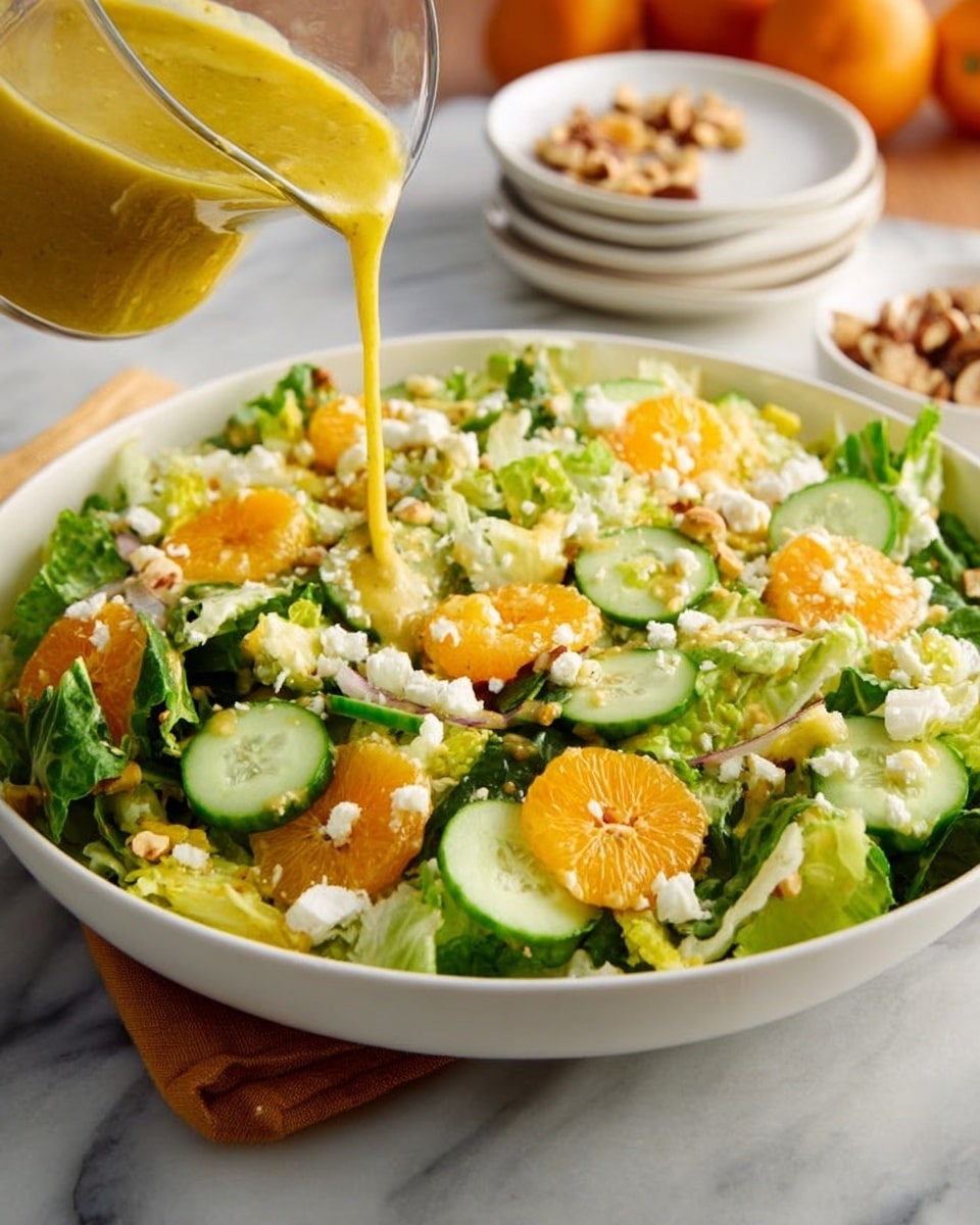 A large white bowl with fresh green lettuce leaves as the base layer, topped with round slices of green cucumber, light orange segments evenly spread across, and thin slices of pale onion. There are small chunks of white cheese sprinkled on top, and a bright yellow dressing is being poured over the salad from a clear pitcher. A woman's hand holds the pitcher. The bowl sits on a white marbled surface with some small bowls of nuts and a stack of white plates in the background. photo taken with an iphone --ar 4:5 --v 7
