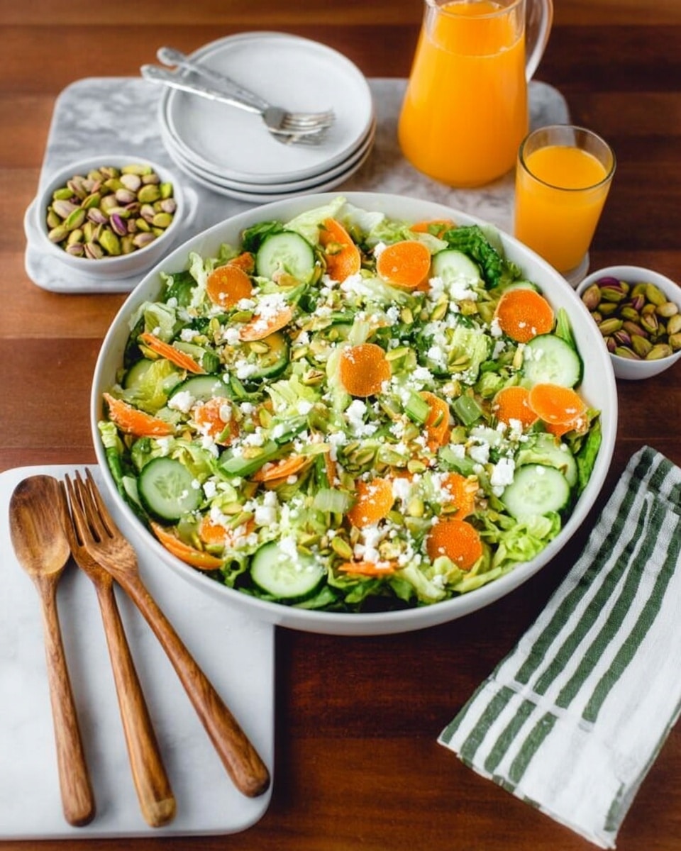 A large white bowl filled with a fresh salad sits on a dark wooden table. The salad has several layers: bright green lettuce leaves as the base, topped with thick slices of light green cucumber, bright orange carrot pieces, and small white crumbles of cheese scattered all over. The colors are bright and fresh, with a mix of round and shredded textures from the vegetables. Around the bowl are white plates with green and white striped napkins and wooden forks stacked neatly, a small bowl of pistachio nuts, and a clear glass pitcher filled with orange juice. The scene is styled on a white marbled surface. Photo taken with an iphone --ar 4:5 --v 7