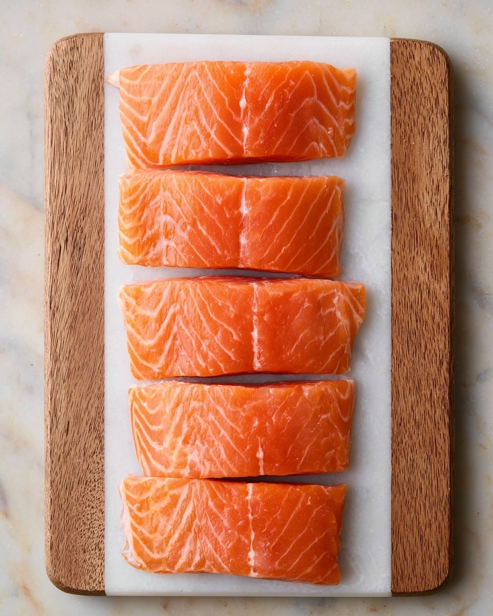 Four rectangular pieces of fresh raw salmon with a rich orange color and visible white lines of fat, each piece is neatly placed in a single row on a white marble cutting board with a wooden edge on the left side, the texture of the salmon is smooth with subtle lines running through the flesh, and the cutting board rests on a white marbled surface photo taken with an iphone --ar 4:5 --v 7