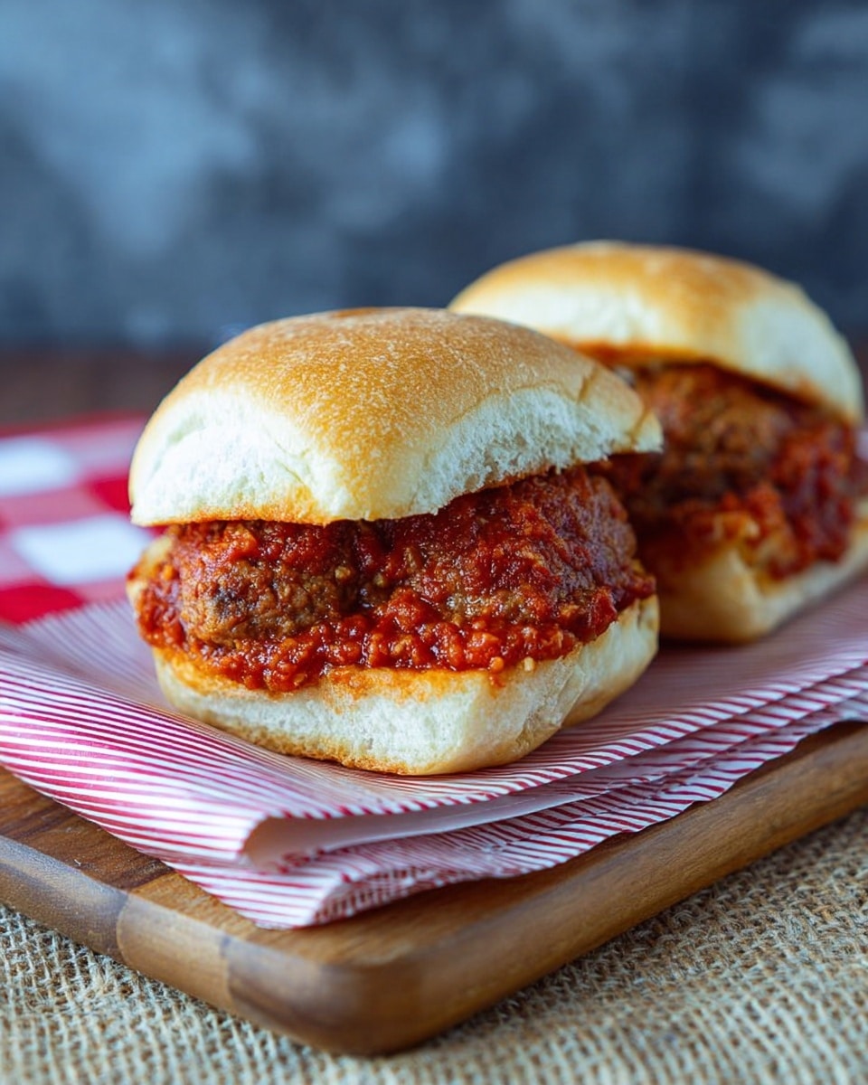 Two meatball sandwiches are on a brown wooden board placed on a woven mat. Each sandwich has a soft golden brown bun with a visible texture on top. Inside the sandwich, there is a thick layer of tomato sauce mixed with small pieces of meatballs that look reddish-brown and slightly coarse. Both sandwiches are wrapped with red and white striped paper that covers the backs and sides of the buns. The background is a soft dark gray blurred surface. photo taken with an iphone --ar 4:5 --v 7
