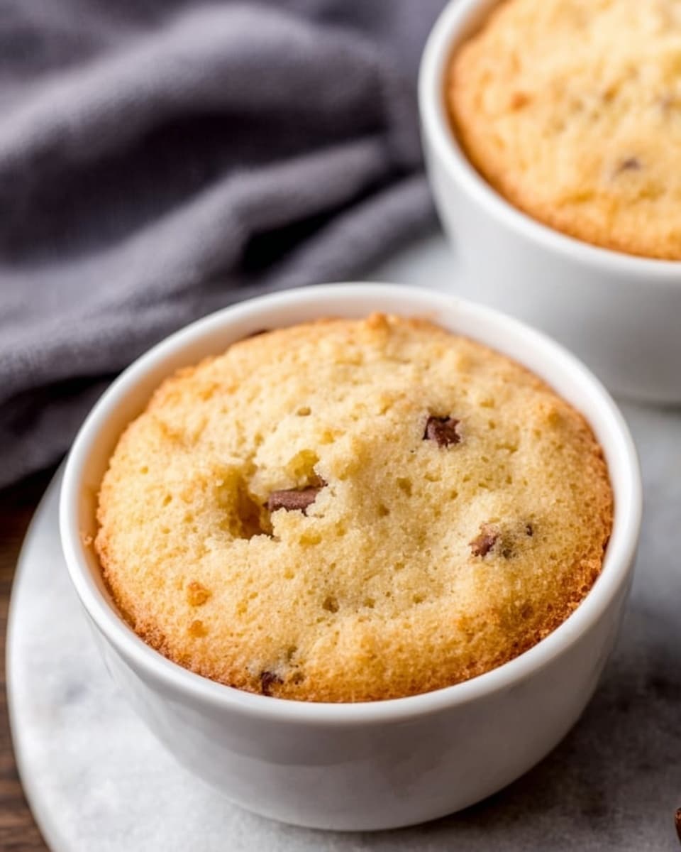 The image shows two white cups on a white marbled surface, each filled with a single-layer, light golden brown cookie that has risen to the top edge of the cups. The cookies have a soft, fluffy texture with some small darker spots, likely chocolate chips, scattered inside. The focus is on the front cup which reveals small cracks and a slight hole in the middle of the cookie surface, while the second cup sits slightly out of focus in the background. A grey cloth is partially visible behind the cups. Photo taken with an iphone --ar 4:5 --v 7