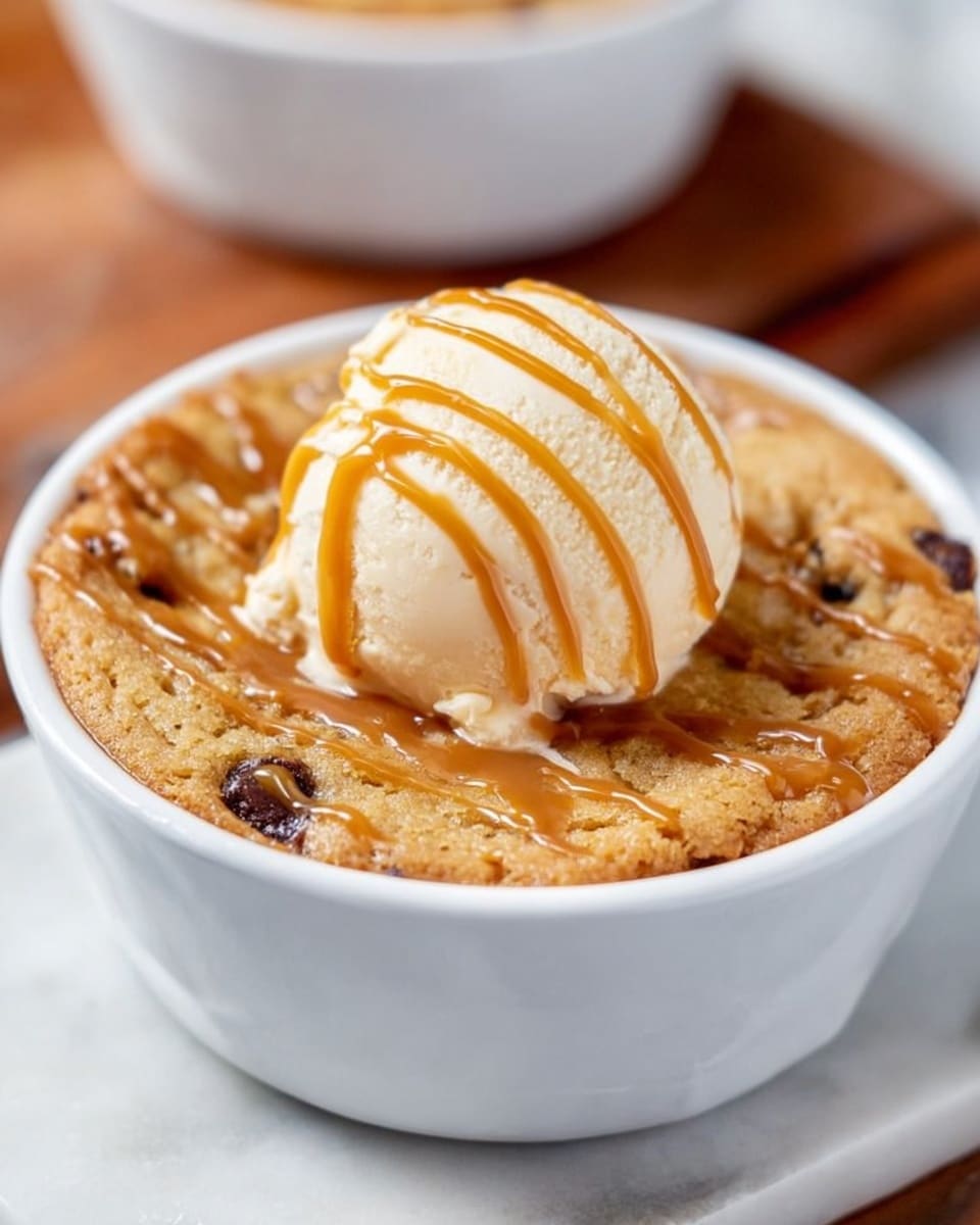 A close-up of a white bowl filled with a warm, thick cookie-like dessert that has a soft, slightly textured golden-brown top with small dark spots inside, indicating chocolate chips or similar mix-ins; the dessert is drizzled with light caramel sauce in thin, uneven lines across the surface; on top of the dessert, centered, is a round scoop of creamy vanilla ice cream with a smooth texture, also drizzled with caramel sauce; the bowl sits on a wooden table with a blurred white bowl in the background, all placed on a white marbled surface photo taken with an iphone --ar 4:5 --v 7