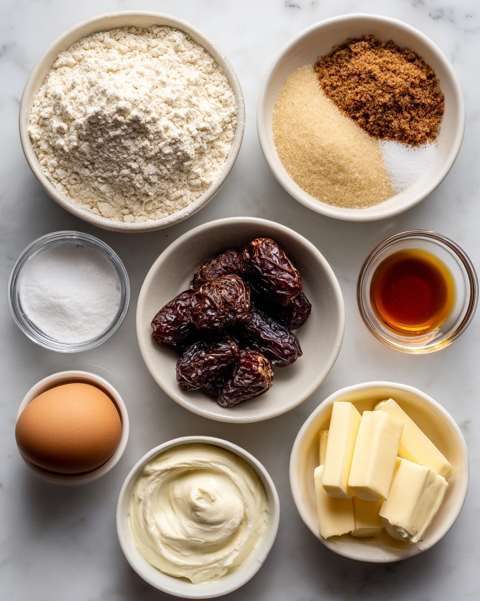 The image shows eight small white bowls and one whole brown egg arranged on a white marbled surface. One large white bowl is filled with plain flour, showing a soft, powdery texture in off-white color. Another large white bowl has a divided mix of light brown sugar and white caster sugar, with clear granules visible. A smaller white bowl contains dark brown, rough-textured dates. Two very small clear bowls hold white baking soda and baking powder powders. A clear small glass bowl has amber-colored vanilla liquid. A white bowl on the right side contains cream with a smooth, pale texture. At the bottom right, a white bowl holds three slices of yellow butter stacked neatly. The brown egg lies unbroken near the center. photo taken with an iphone --ar 4:5 --v 7