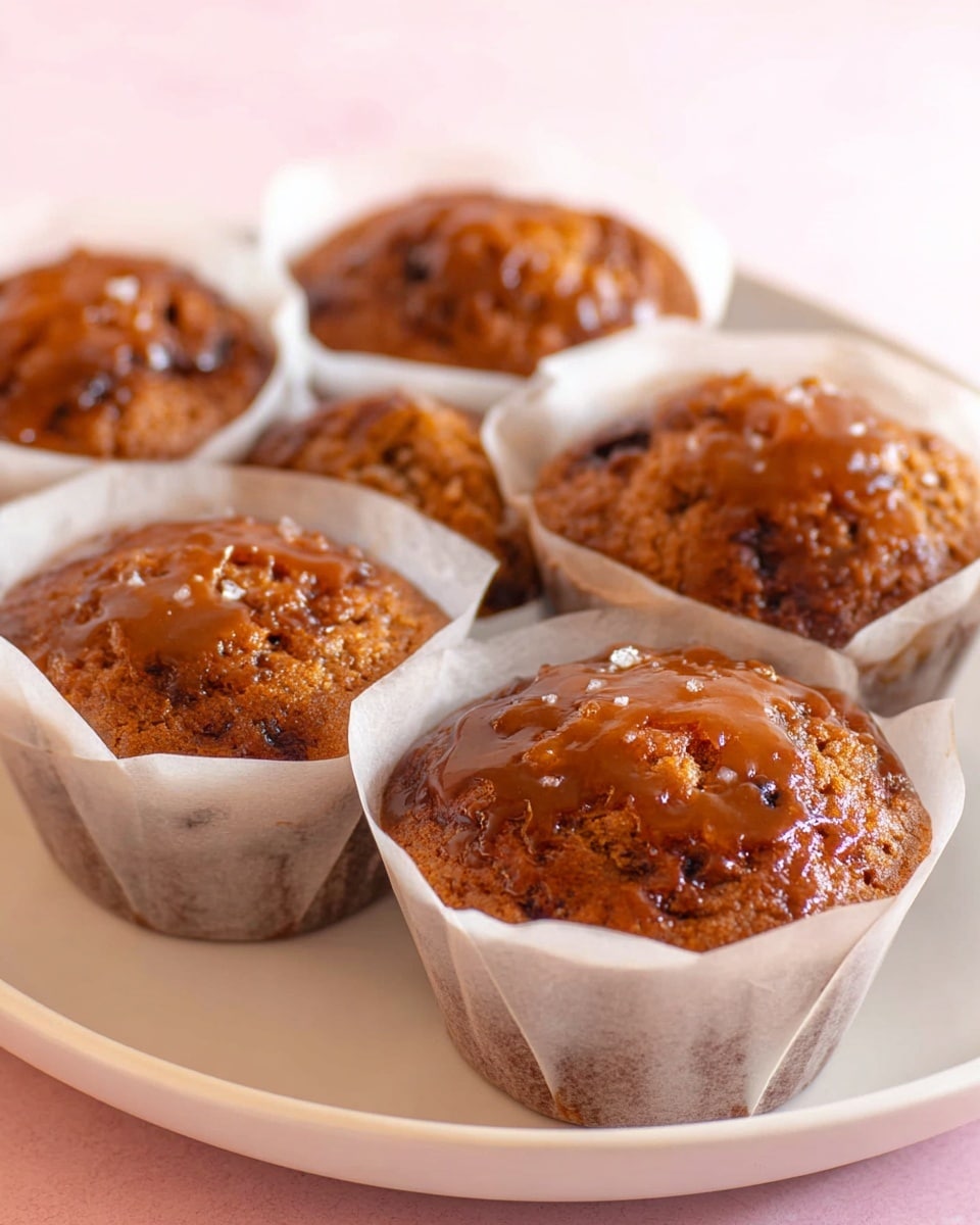 There are six muffins in white tulip-style paper liners arranged close together on a simple white plate. The muffins have a rich brown color with a slightly glossy caramel glaze on top that looks sticky and shiny, sprinkled with a few grains of coarse salt. The surface texture of the muffins is a bit rough and bumpy, showing some small dark specks inside, likely fruit or nuts. The plate sits on a pink surface, but the background is softly blurred in very light colors, focusing attention on the muffins. photo taken with an iphone --ar 4:5 --v 7