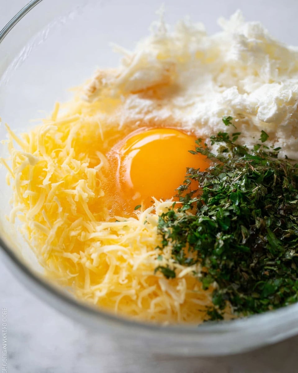 A close-up view of a clear bowl containing four main layers of ingredients arranged side by side: bright yellow shredded cheese on the right front, a smooth and shiny orange egg yolk with some clear egg white surrounding it to the left, finely chopped dark green herbs on the right back, and a fluffy white mixture in the back left corner, all resting on a white marbled surface. The textures vary from soft and watery to shredded and leafy. photo taken with an iphone --ar 4:5 --v 7