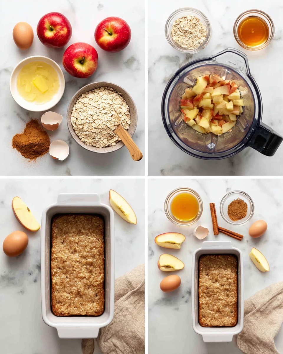 This is a collage of four images showing the process of making an apple oat mixture. The first image shows the raw ingredients laid out on a white marbled surface: three red apples with yellow patches, two eggs, a bowl of rolled oats, a small bowl of honey, a small bowl of cinnamon, a small bowl of vanilla extract, and a small bowl of baking powder. The second image shows a blender on the same white marbled surface, filled with apple chunks, two cracked eggs, cinnamon, and oats, with some apple slices and a honey dipper nearby. The third image shows the blender after blending the mixture, with the blended oat-apple batter visible inside. The fourth image shows a rectangular white loaf pan filled with the blended mixture, placed on the white marbled surface with a towel, cinnamon sticks, eggshell halves, and apple slices surrounding it. Photo taken with an iphone --ar 4:5 --v 7