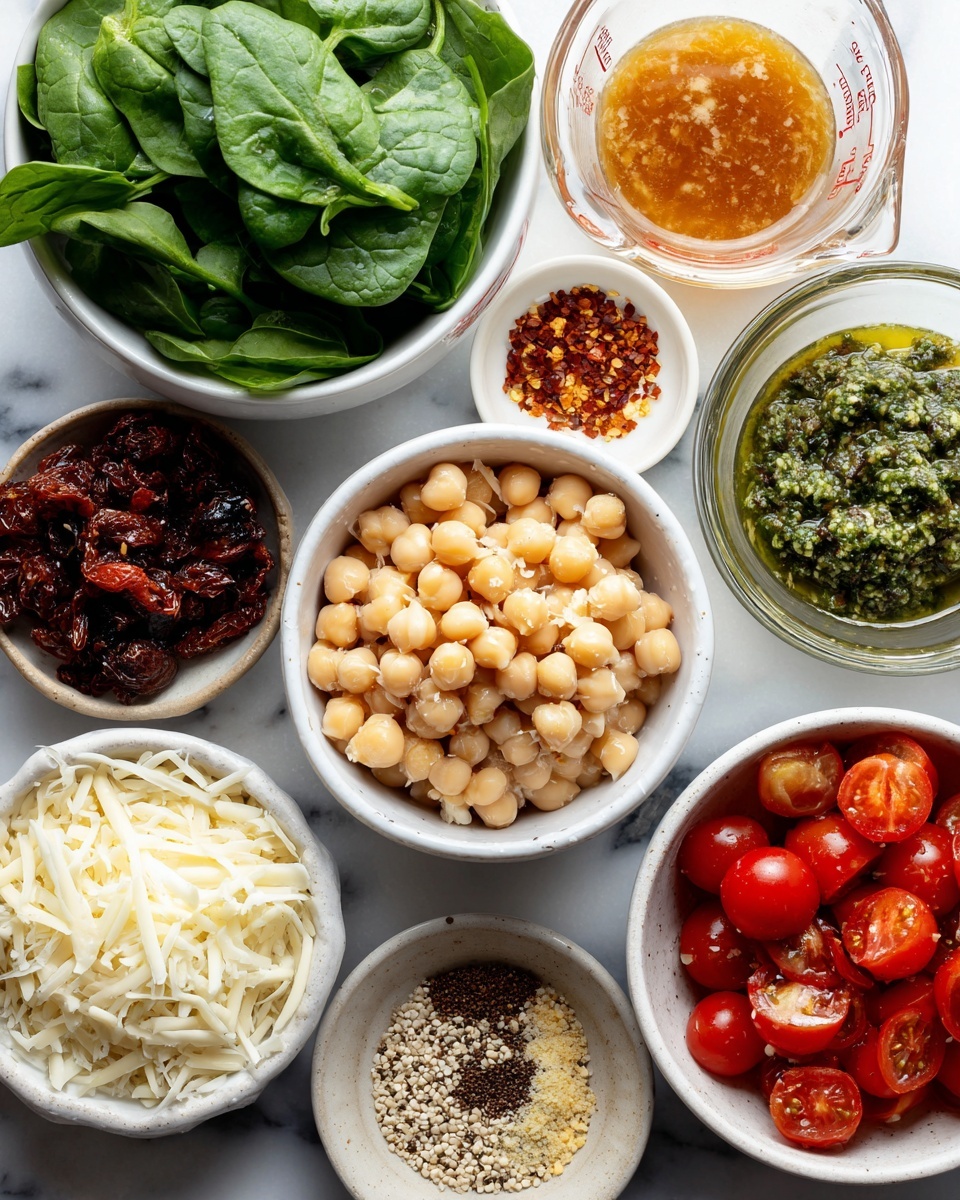 The image shows a variety of ingredients placed on a white marbled surface. In the center, there is a white bowl filled with pale beige chickpeas. Around it, on the top left, there is a white bowl with fresh dark green spinach leaves. To the right of the spinach, a clear glass measuring cup contains light orange vegetable broth. Next to it on the right, a small white bowl holds green pesto with a coarse texture. Below the pesto, a small portion of bright red pepper flakes is seen beside a small piece of yellow lemon zest. Below the chickpeas to the right, there is a dark-colored bowl filled with red cherry tomatoes, some halved to show their shiny seeds. On the bottom left side of the chickpeas, a white bowl contains thin white shredded mozzarella cheese. Above it, a small white bowl holds dark reddish brown sundried tomatoes with a wrinkled texture. Between the mozzarella and the cherry tomatoes, a small white bowl contains a mix of black, white, and beige quinoa seeds. Near the cherry tomatoes, a beige bowl holds white seasonings labeled garlic powder, onion powder, and salt. The entire setup is neat and organized, photo taken with an iphone --ar 4:5 --v 7