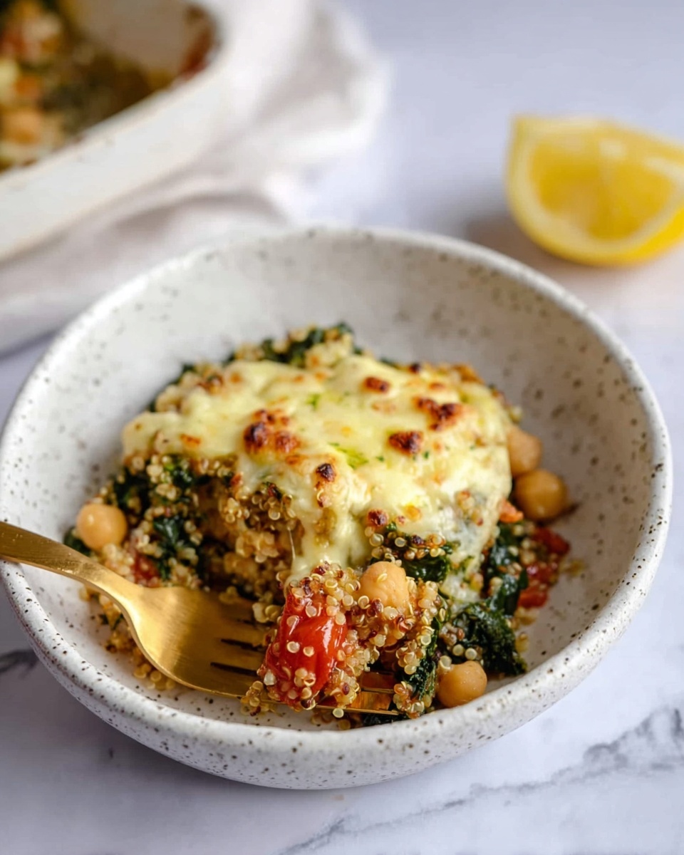 The image shows a white speckled bowl filled with a layered quinoa dish. The bottom layer is made of cooked quinoa mixed with chickpeas, visible with their round shapes and pale color. Above this is a soft layer of cooked leafy greens and small pieces of red tomato. The top layer is melted cheese that is light yellow with some browned spots and a creamy texture. A golden fork is placed in the bowl, scooping a portion of the dish. In the background, there is a halved lemon on a white marbled surface. photo taken with an iphone --ar 4:5 --v 7