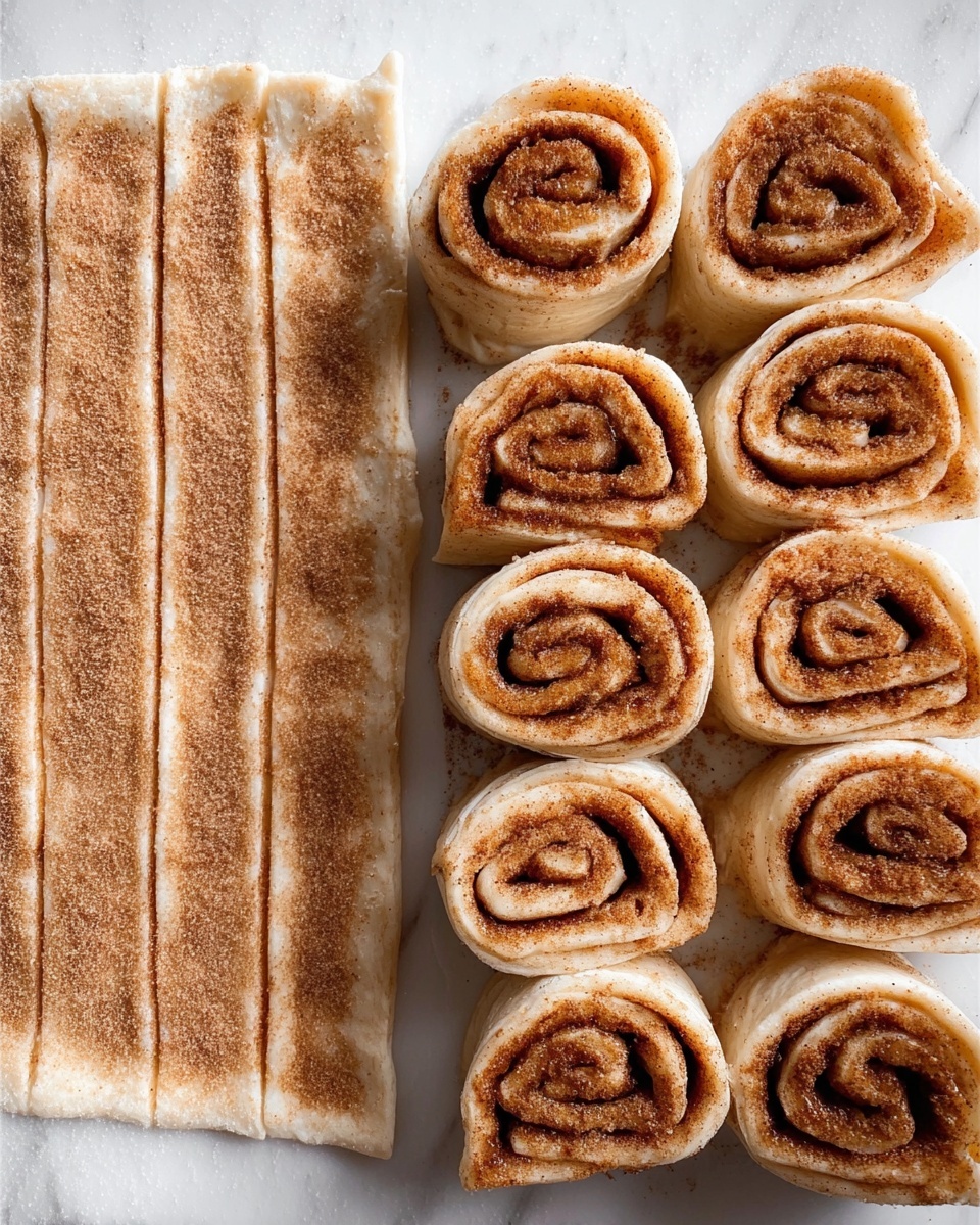 The image shows two parts side by side on a white marbled surface. On the left side, there is a flat dough spread out with lines cut into it vertically, covered with a light brown cinnamon and sugar mix evenly spread over the surface. On the right side, there are twelve rolled cinnamon dough pieces placed close together on a white tray, showing the spiral layers of dough and cinnamon sugar inside. The dough pieces have a light golden color with darker brown swirls inside, and the sugar dusting is visible on top of each roll. Photo taken with an iphone --ar 4:5 --v 7